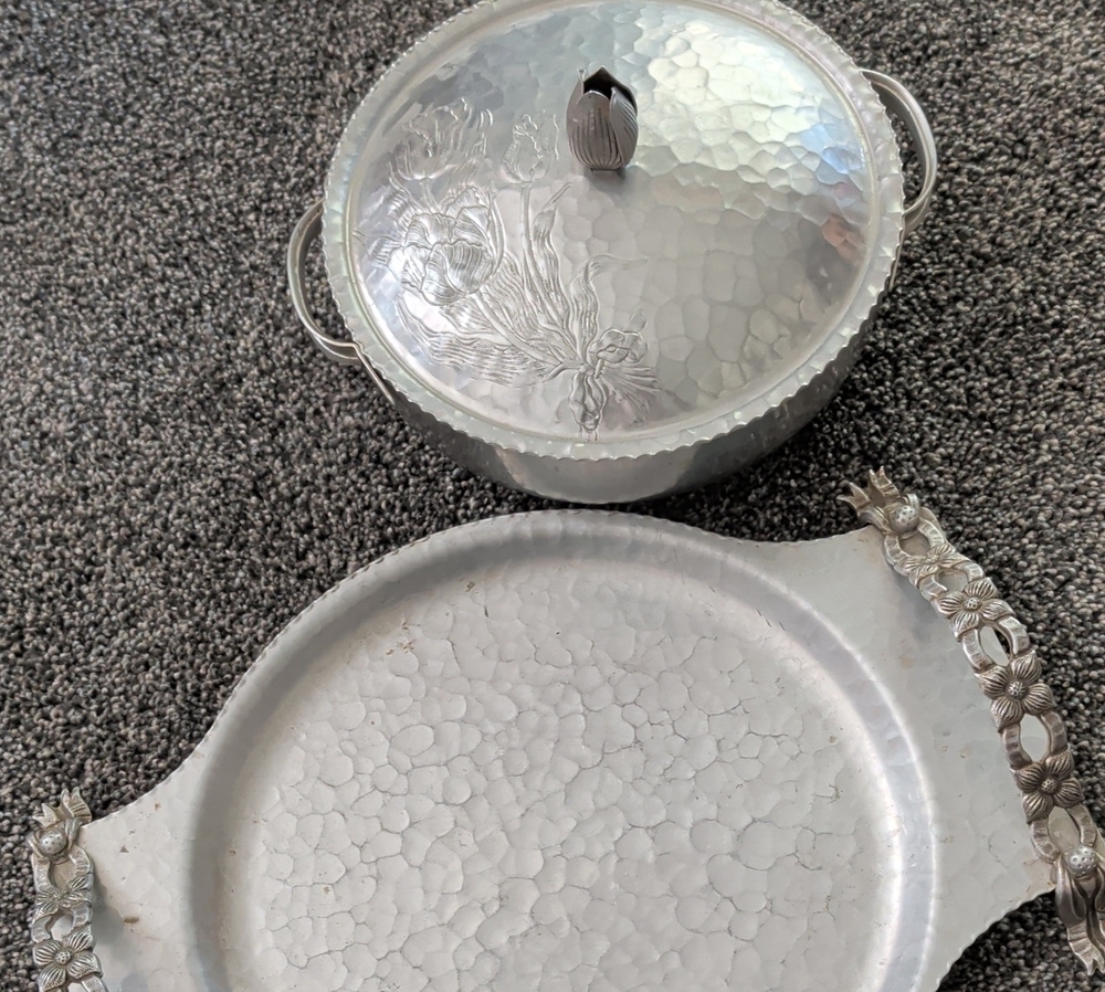 Vintage, Silver-Tone Hammered Aluminum Covered Casserole & Serving Platter Set